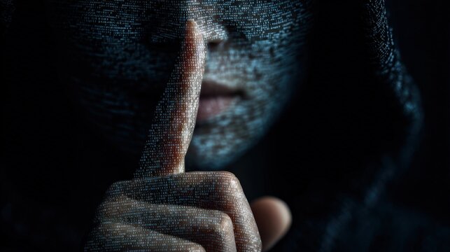 A mysterious figure shrouded in shadows, a finger pressed to the lips, conveying the hushed intensity of silence. ..Created with Generative AI, not depicting real subjects.
