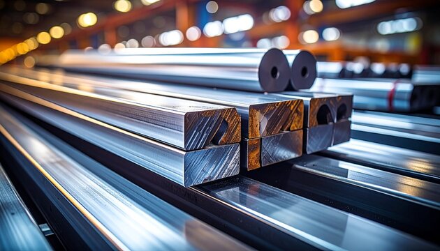 Metal Bars and Tubes at a Factory Close Up for Manufacturing and Construction Materials Stock Photography.