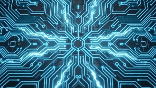 Glowing blue circuit board electric energy flow with digital technology and futuristic electronic design featuring intricate electronic pathways and high tech microchip pattern abstract technology