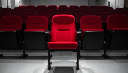 Obraz premium Rows of Red Theater Seats in an Empty Auditorium Ready for a Performance Show or Movie Event.