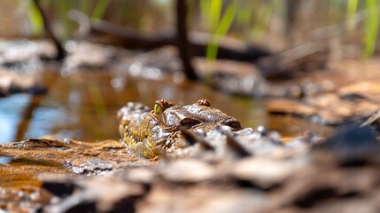 Crocodile Basking in a Hot Sunny Swamp with Rough Textured Background