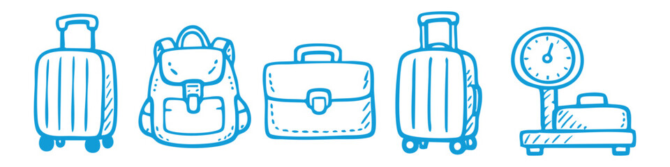Blue hand-drawn travel luggage icons including suitcases, a backpack, a briefcase, and a weighing scale, isolated on white. © Nort Kor