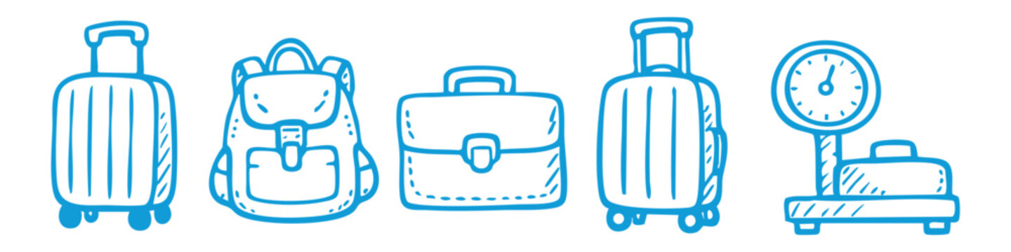 Blue hand-drawn travel luggage icons including suitcases, a backpack, a briefcase, and a weighing scale, isolated on white.