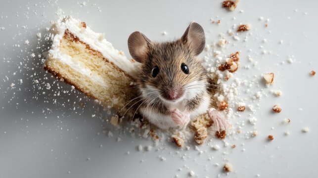 Playful Mouse Trying to Snatch a Slice of Cake in Delightful Scene
