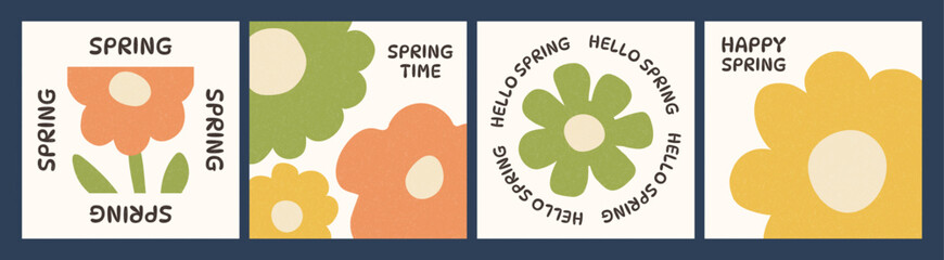 Retro spring greeting card set with abstract flowers and lettering. Minimal floral compositions on light background. Illustration set for postcard, poster, invitation, social media design © Stacy Draw