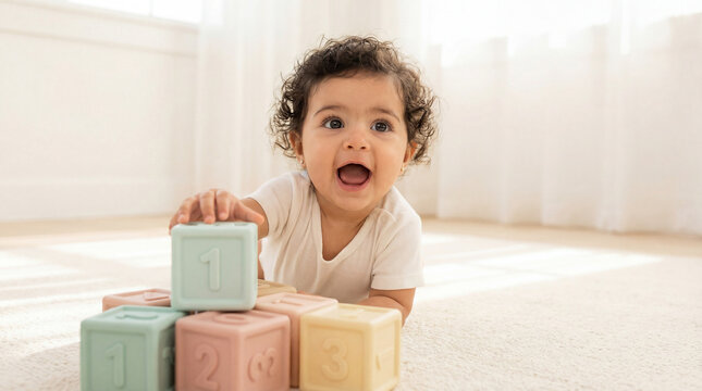 International Mathematics Day baby exploring colorful number blocks for early numeracy and playful learning development concept