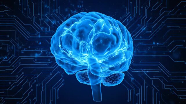 Glowing blue brain on a circuit board background with technology elements