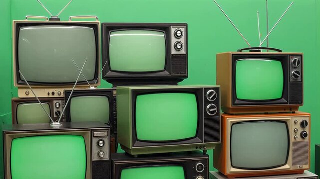 Stack of vintage televisions with green screens