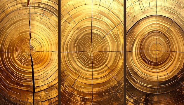 Close-up of three wooden cross sections with concentric rings.