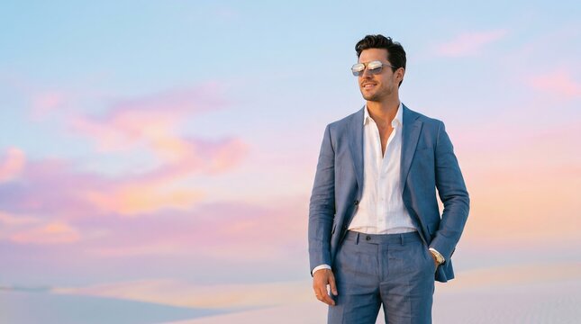 Stylish man in modern sunglasses at sunset beach lifestyle portrait serene environment upbeat concept