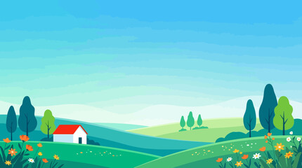 Naklejka premium Peaceful Spring Landscape Illustration with Rolling Green Hills, Rural House, and Wildflowers under a Clear Blue Sky