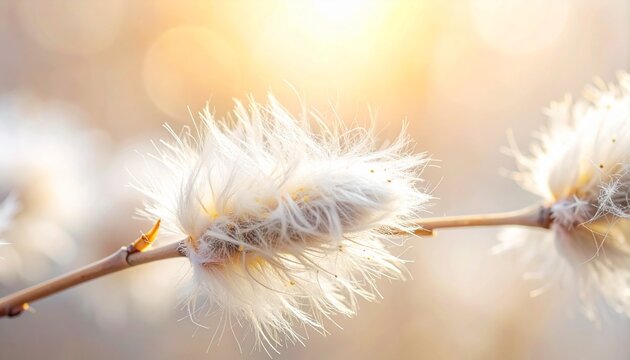 Soft, fluffy willow flowers growing along thin branches, illuminated by warm natural sunlight. The fine white fibers shine against the soft pastel background