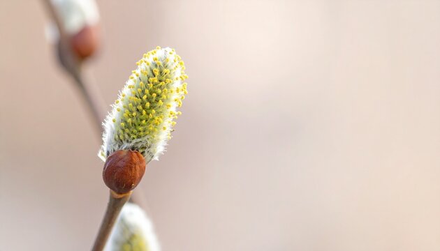 Soft, fluffy willow flowers growing along thin branches, illuminated by warm natural sunlight. The fine white fibers shine against the soft pastel background