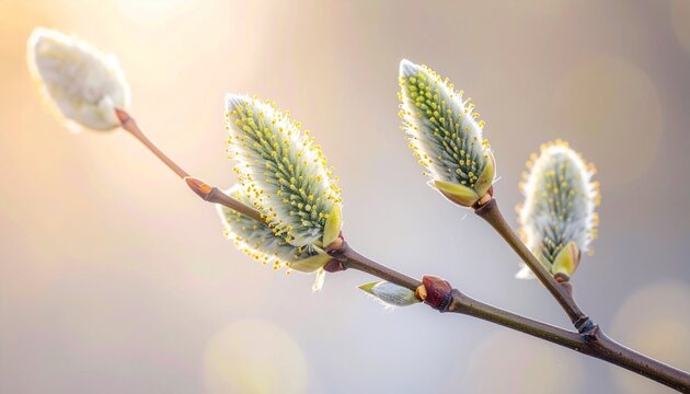 Soft, fluffy willow flowers growing along thin branches, illuminated by warm natural sunlight. The fine white fibers shine against the soft pastel background