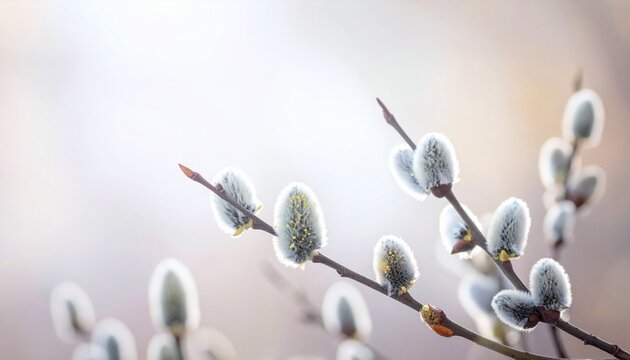 Soft, fluffy willow flowers growing along thin branches, illuminated by warm natural sunlight. The fine white fibers shine against the soft pastel background