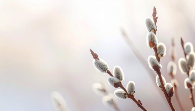 Soft, fluffy willow flowers growing along thin branches, illuminated by warm natural sunlight. The fine white fibers shine against the soft pastel background