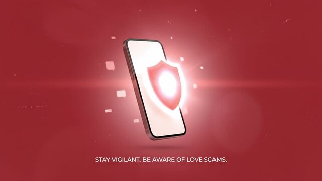 Vigilance and alert for mobile phone protection shield against love scams with awareness of online relationship risks and digital security prevention message on red background