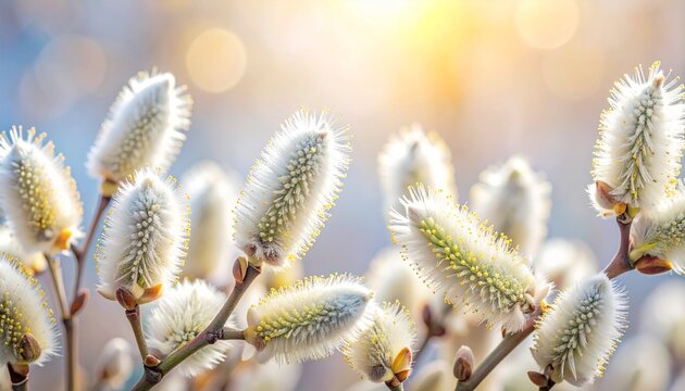 Soft, fluffy willow flowers growing along thin branches, illuminated by warm natural sunlight. The fine white fibers shine against the soft pastel background