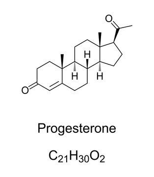 Progesterone, P4, sex hormone, chemical formula and molecular structure. Endogenous steroid and progestogen sex hormone involved in menstrual cycle, pregnancy, and embryogenesis. Illustration. Vector