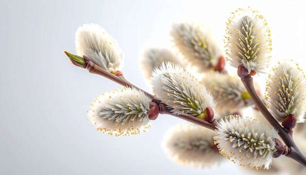 Soft, fluffy willow flowers growing along thin branches, illuminated by warm natural sunlight. The fine white fibers shine against the soft pastel background