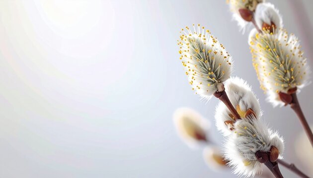 Soft, fluffy willow flowers growing along thin branches, illuminated by warm natural sunlight. The fine white fibers shine against the soft pastel background
