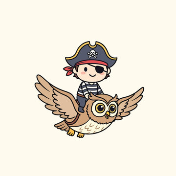 A cartoon pirate, wearing an eye patch and hat, rides atop a large owl, wings spread. The illustration is playful and vibrant