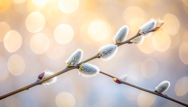 Soft, fluffy willow flowers growing along thin branches, illuminated by warm natural sunlight. The fine white fibers shine against the soft pastel background
