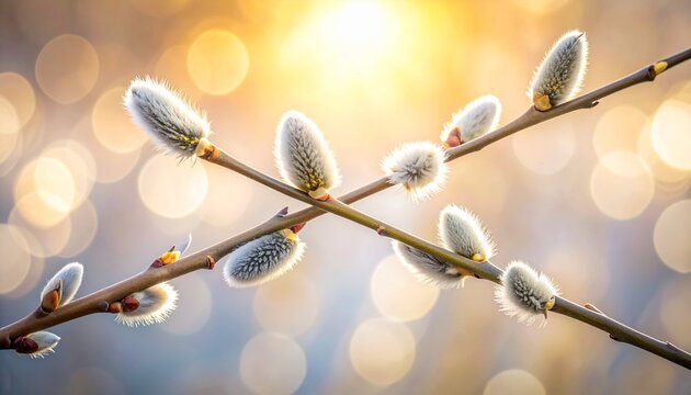 Soft, fluffy willow flowers growing along thin branches, illuminated by warm natural sunlight. The fine white fibers shine against the soft pastel background