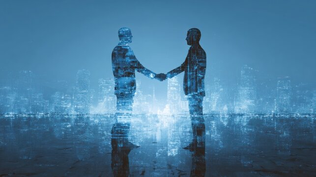 Abstract handshake with city silhouette