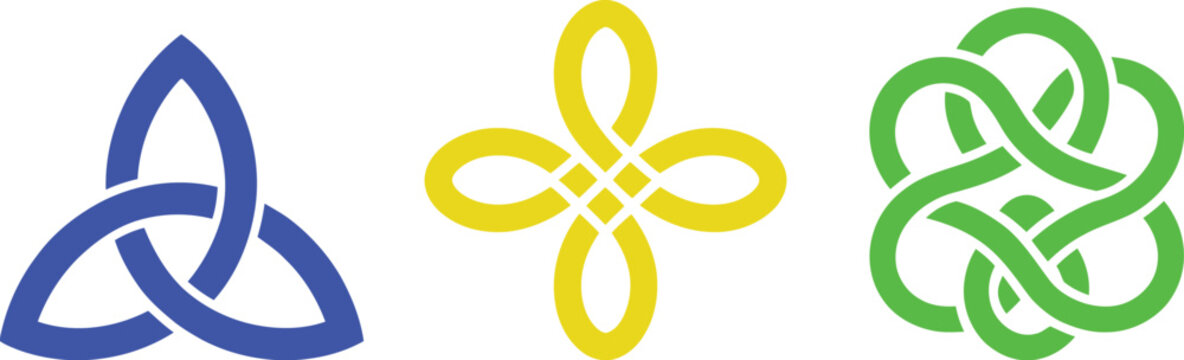 Three distinct celtic knot variations displayed in vibrant colors
