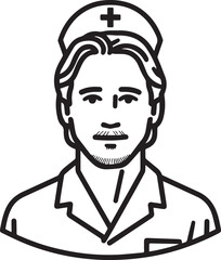 Obraz premium Hand Drawn Man as Nurse Black and White Avatar Illustration in Minimal Line Art Style Design