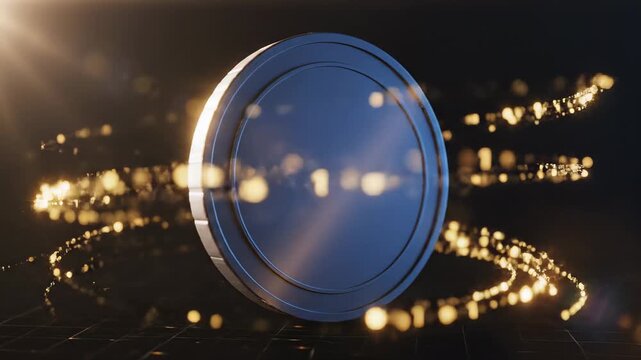 Abstract 3D rendering of a spinning coin with glowing particles in a dark environment