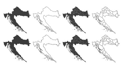 Fototapeta premium Set of Croatia Maps with Administrative Regions, Counties, Outline and Silhouette Vector Illustrations Isolated on White Background
