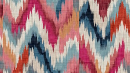 Fototapeta premium Tribal Ikat patterns with boho colors create a seamless wallpaper design. This beautiful, handmade ethnic art can be used for cards, printing, and other projects.