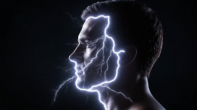 Man with glowing lightning bolt profile.