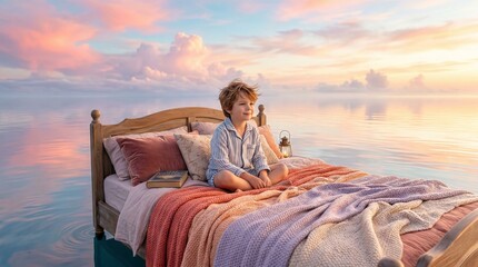Fototapeta premium Serene boy meditating on cozy bed tranquil ocean dreamy scene sunset colors peaceful vibe