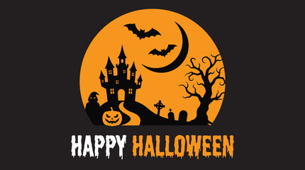 Halloween Greeting Card Illustration with Haunted Castle, Bats, Jack-O-Lantern, and Graveyard Silhouettes against an Orange Moon