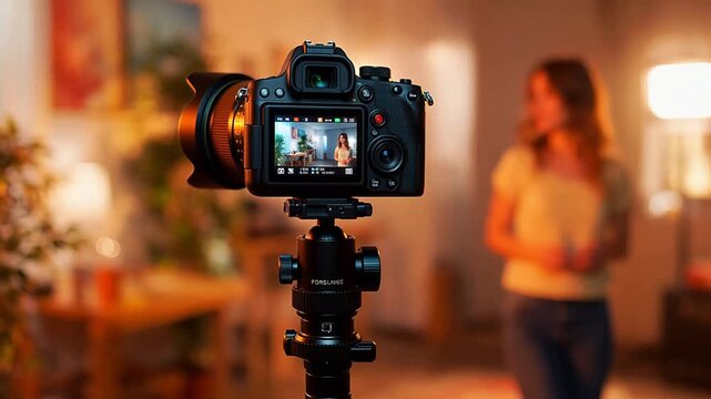 Camera on tripod filming woman in room