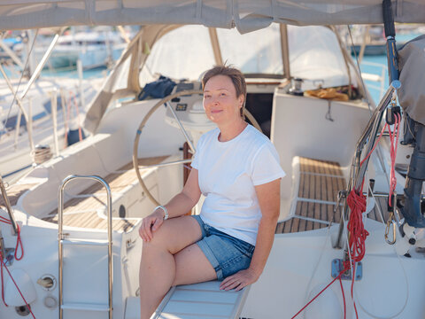 Adult Woman Enjoying Sunny Day On Yacht Finike Marina Turkey