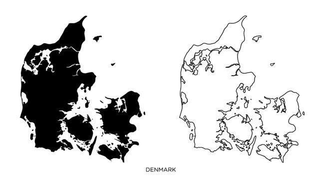Denmark Map Set with Black Silhouette and Outline Illustrations, Minimalist Vector Design of Scandinavian Country