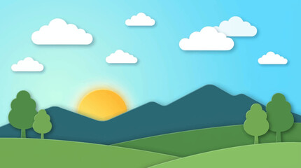 Obraz premium Paper Cut Style Nature Landscape Background with Green Hills, Mountains, Rising Sun and Clouds
