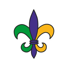Fleur De Lis sign, isolated on white background. Colorful Fleur De Lis symbol in purple, green, and gold colors. Traditional heraldic emblem for Mardi Gras carnival and New Orleans festival.  © LENNAMATS