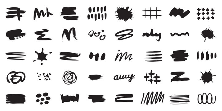 Hand-drawn black ink scribbles, grids, and abstract messy shapes on white