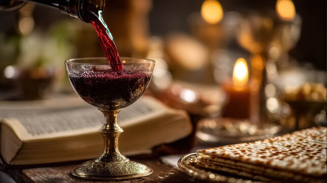 Passover Seder tradition pouring red wine into Elijah&rsquo;s cup with matzah and Haggadah