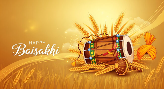 Baisakhi harvest festival greeting background with Punjabi dhol drum wheat crop and traditional turban symbolizing joyful spring harvest celebration in Punjab India