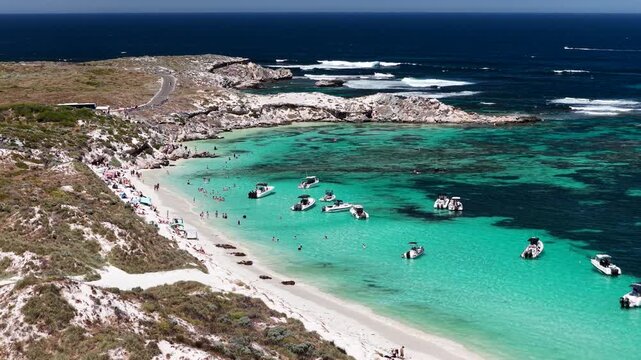 Salmon Bay Rottnest Island Turquoise Ocean White Sand Beach Boats Perth WA 4k