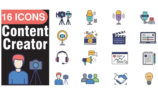 content creator icon set featuring video, photo, audio, podcast, live, stream, editing, laptop, camera, analytics, and sponsorship. professional editable soild vector icons collection