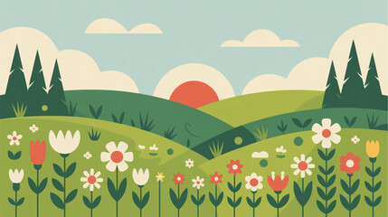 Naklejka premium Vector illustration of a serene landscape with flowers, trees, and sunset