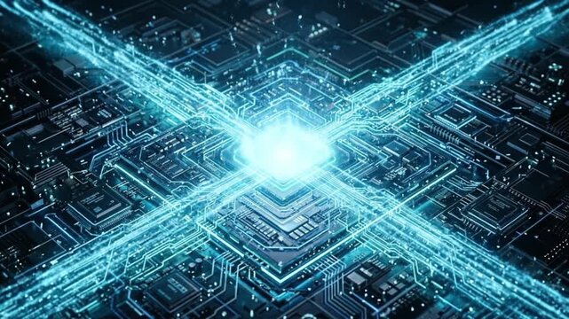 Glowing microchip and blue digital circuit lines crossing dark motherboard with futuristic electronic technology, data flow, and glowing electronic components in advanced circuit system