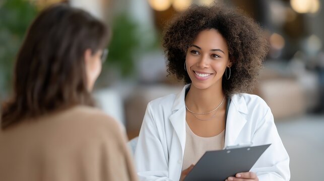 Cultural liaison explains medical terminology to refugee patient during clinic appointment, healthcare provider consulting chart, interpreter facilitating conversation, perfect for language access